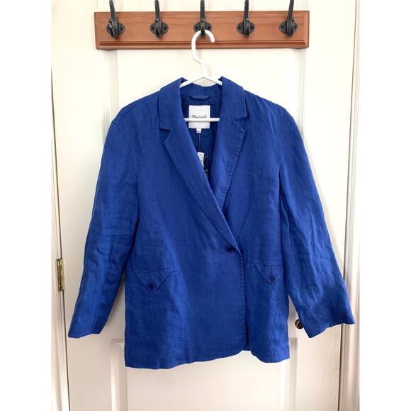 Madewell Double-Breasted Crossover Blazer in 100% Linen in Blue - Picture 13 of 13